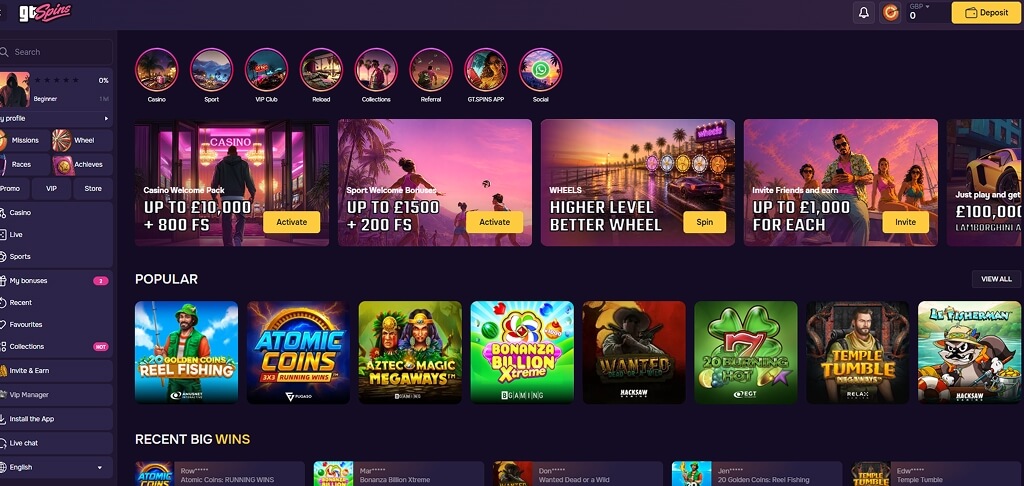 GTSpins Casino Lobby UK